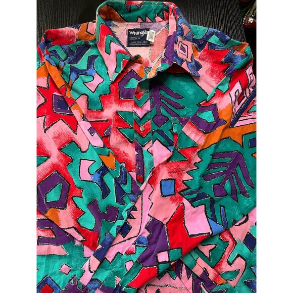 Vintage 90s Wrangler Cowboy Cut Vibrant Aztec Print Button Down Shirt - Picture 1 of 6